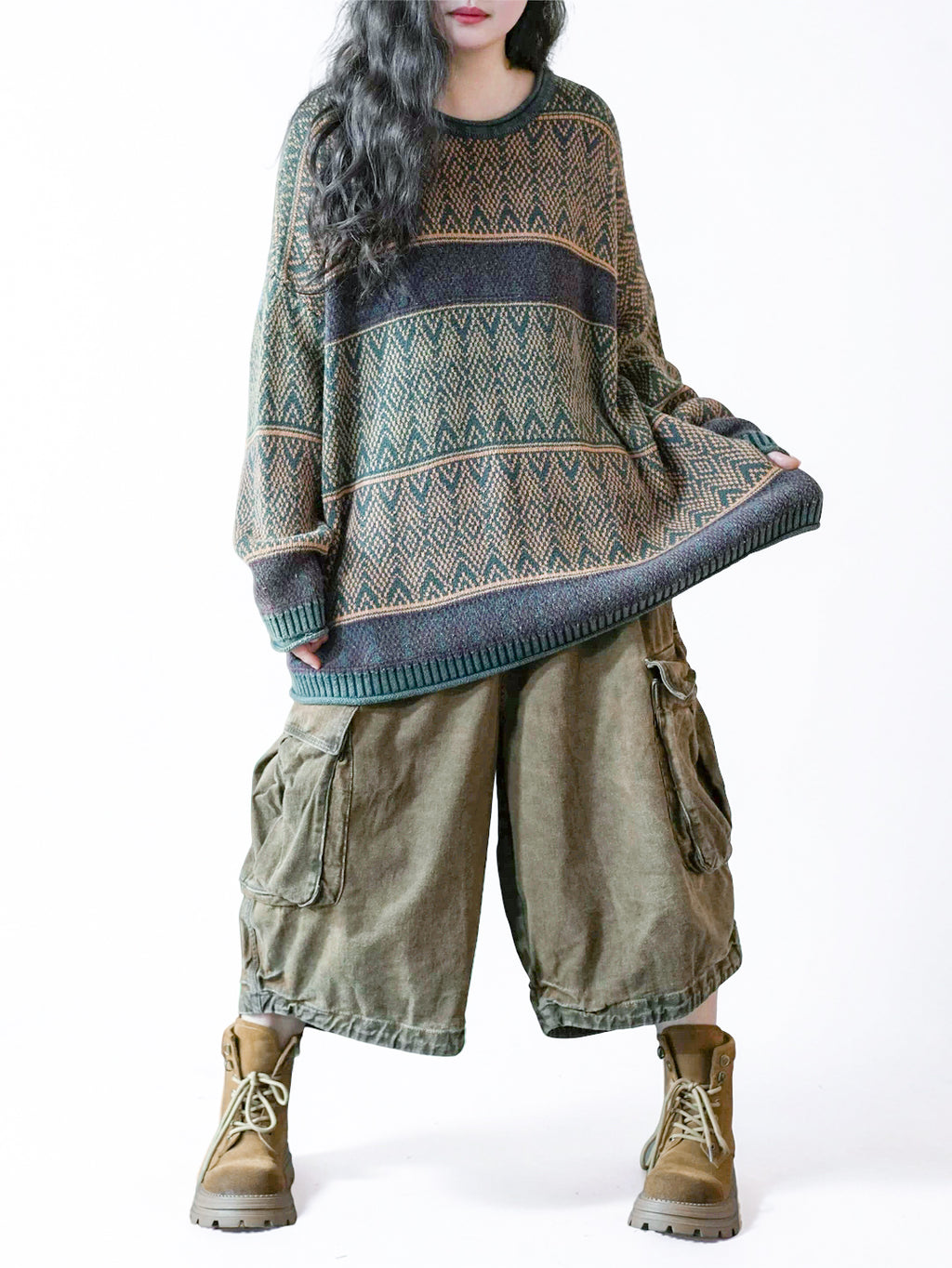 Vintage-Inspired Oversized Jacquard Sweater – Teal Geometric Knit Pullover