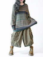 Vintage-Inspired Oversized Jacquard Sweater – Teal Geometric Knit Pullover