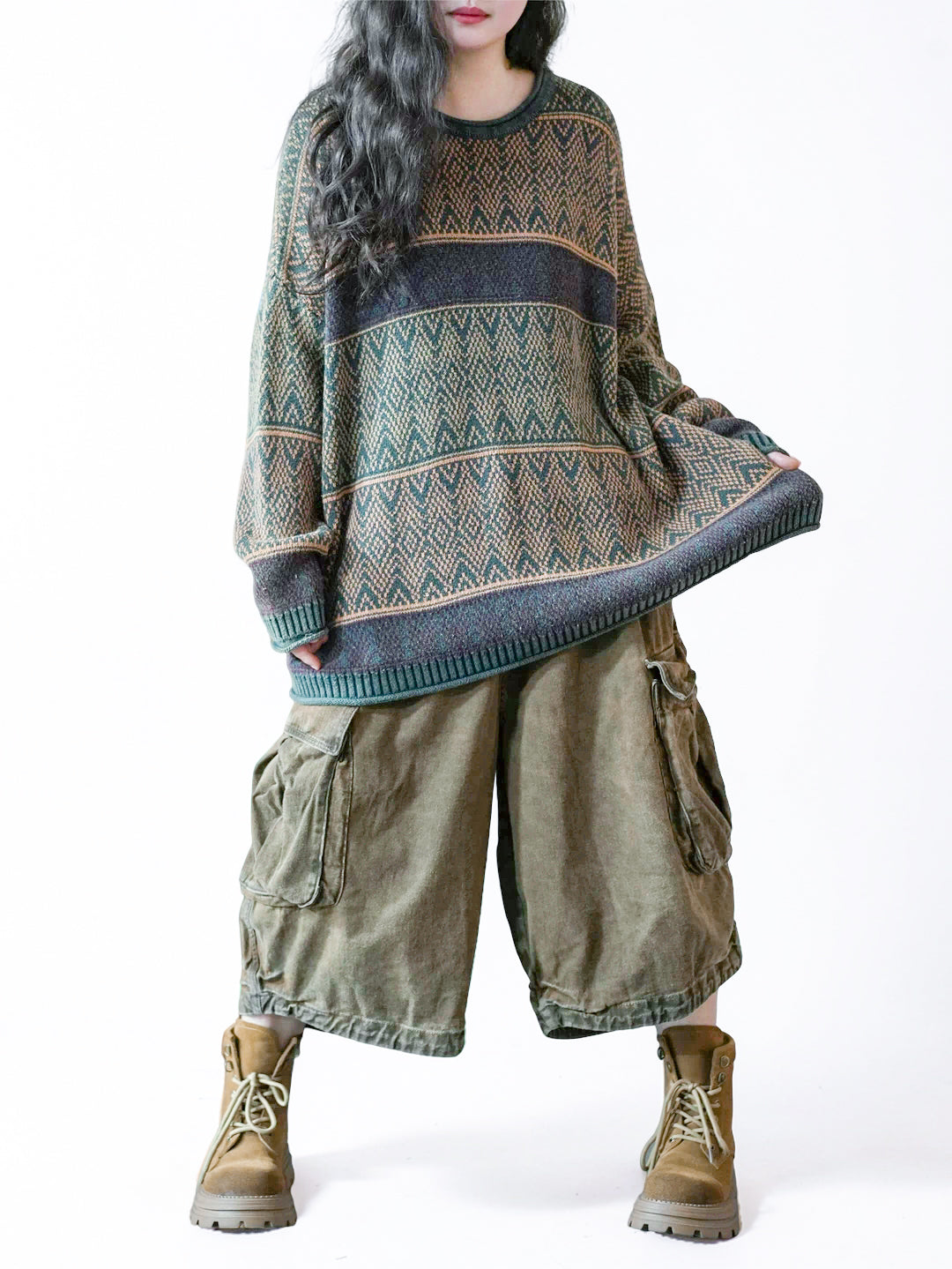 Vintage-Inspired Oversized Jacquard Sweater – Teal Geometric Knit Pullover