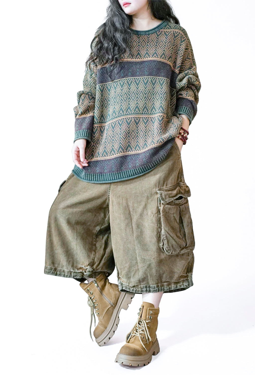 Vintage-Inspired Oversized Jacquard Sweater – Teal Geometric Knit Pullover