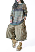 Vintage-Inspired Oversized Jacquard Sweater – Teal Geometric Knit Pullover
