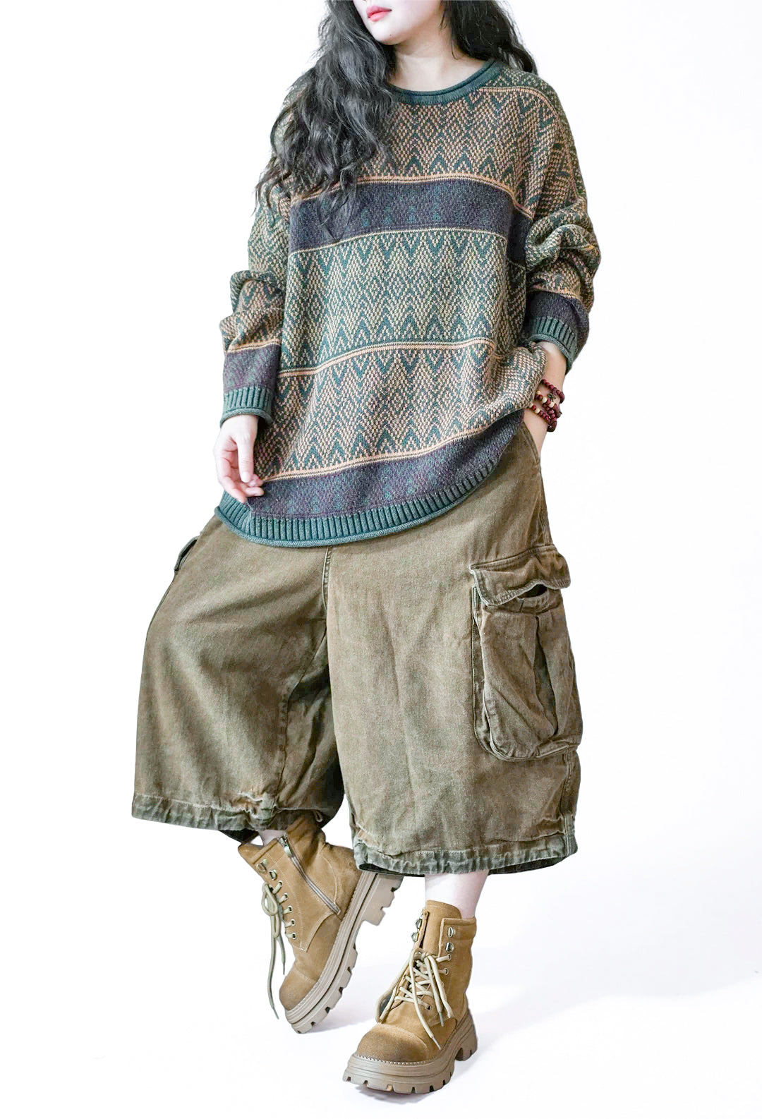 Vintage-Inspired Oversized Jacquard Sweater – Teal Geometric Knit Pullover