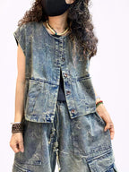 Vintage Washed Denim Vest & Balloon Cargo Pants Set