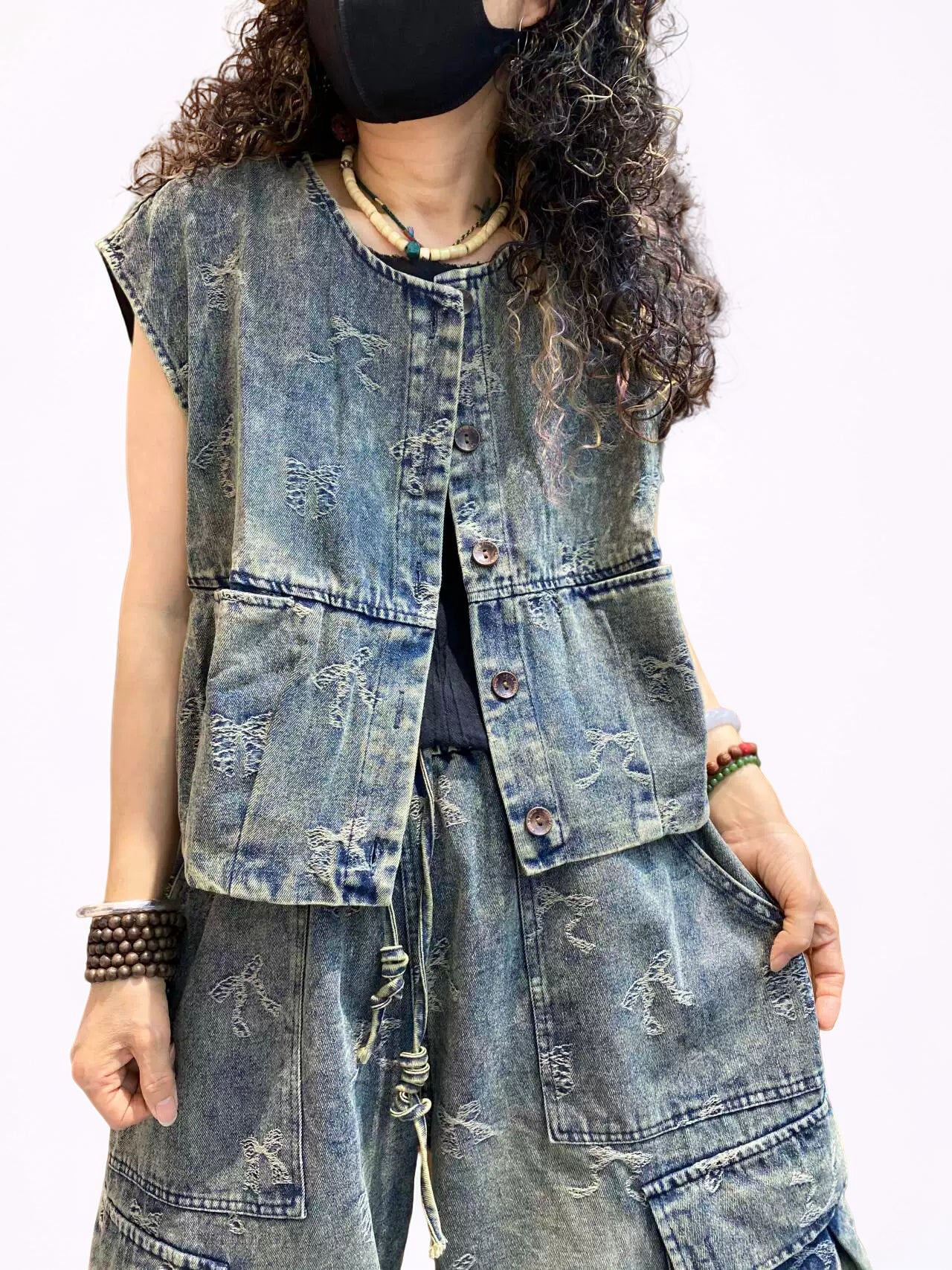 Vintage Washed Denim Vest & Balloon Cargo Pants Set | Japanese Mori Utility Outfit | Boho Oversized Denim