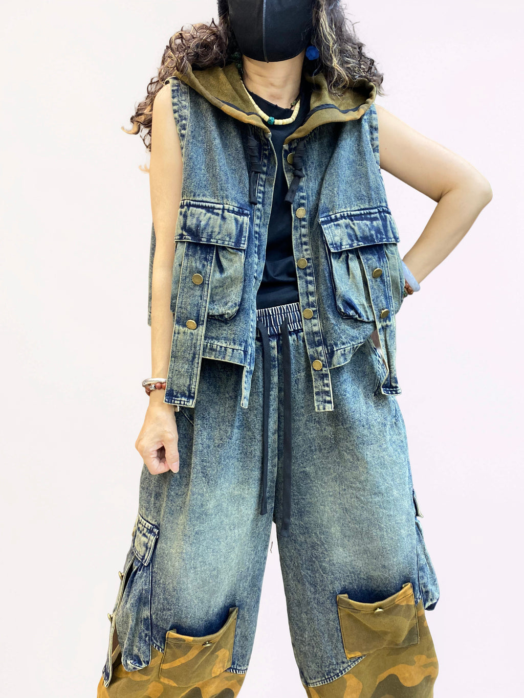 Vintage Washed Denim & Camo Patchwork Set | Utility Vest & Balloon Harem Pants