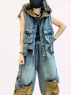 Vintage Washed Denim & Camo Patchwork Set | Utility Vest & Balloon Harem Pants