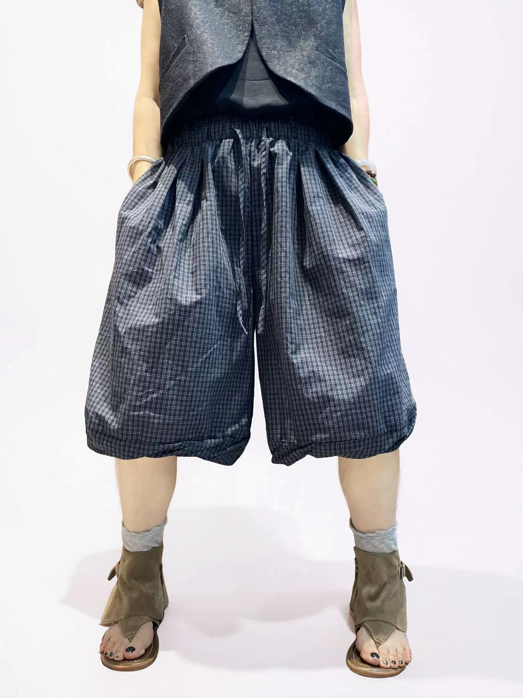 Unisex Balloon Shorts | Oversized Plaid Cotton Bubble Shorts | Elastic Waist Japanese Mori Style Summer Shorts with Pockets