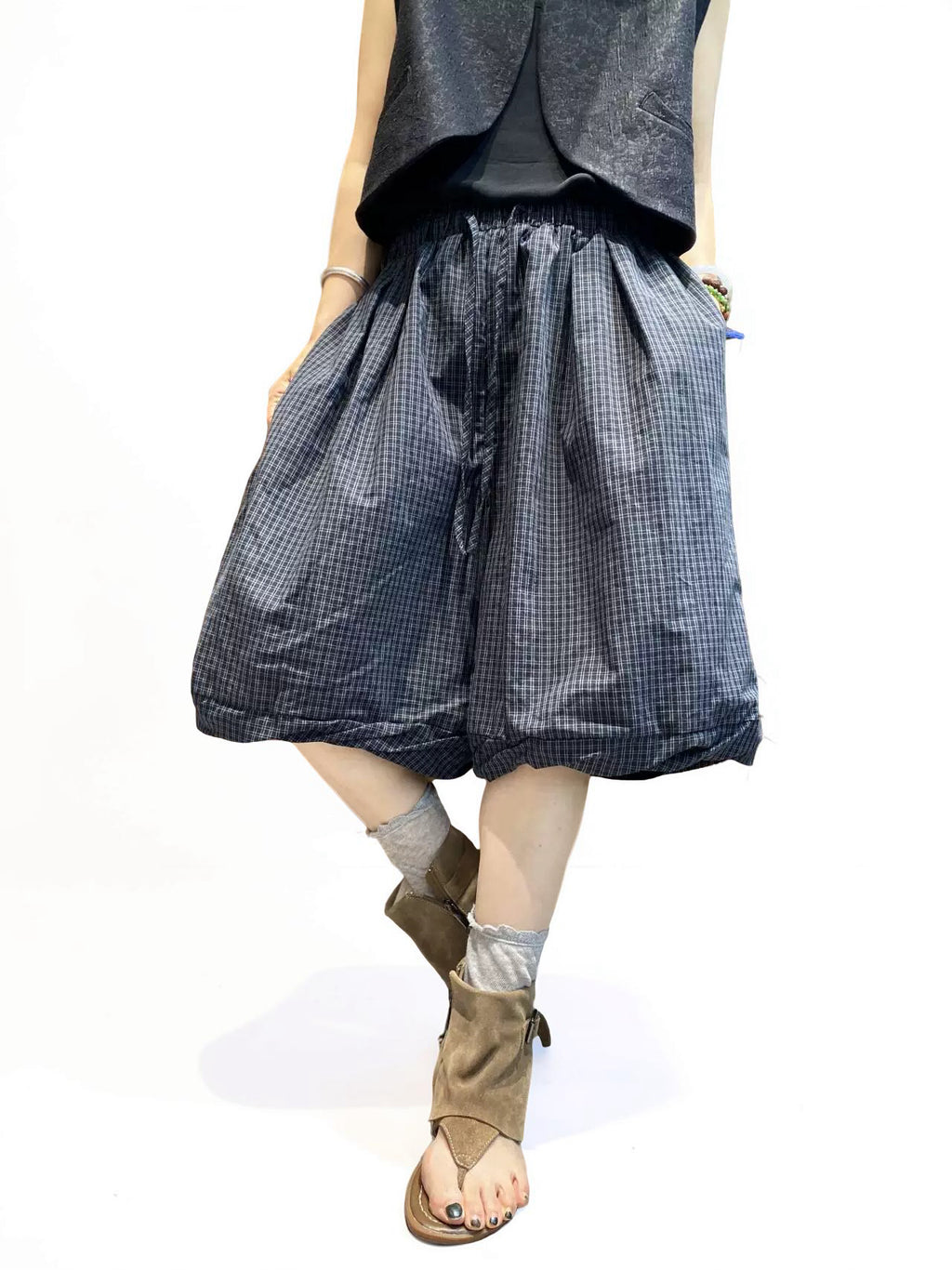 Unisex Balloon Shorts | Oversized Plaid Cotton Bubble Shorts | Elastic Waist Japanese Mori Style Summer Shorts with Pockets