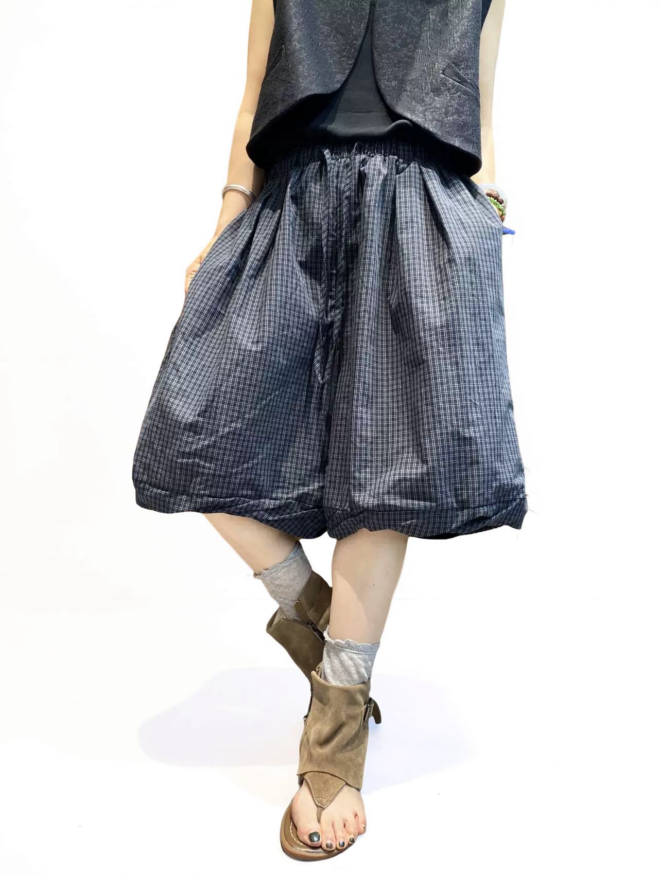 Unisex Balloon Shorts | Oversized Plaid Cotton Bubble Shorts | Elastic Waist Japanese Mori Style Summer Shorts with Pockets