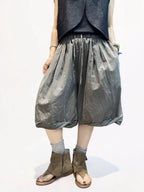 Unisex Balloon Shorts | Oversized Plaid Cotton Bubble Shorts | Elastic Waist Japanese Mori Style Summer Shorts with Pockets