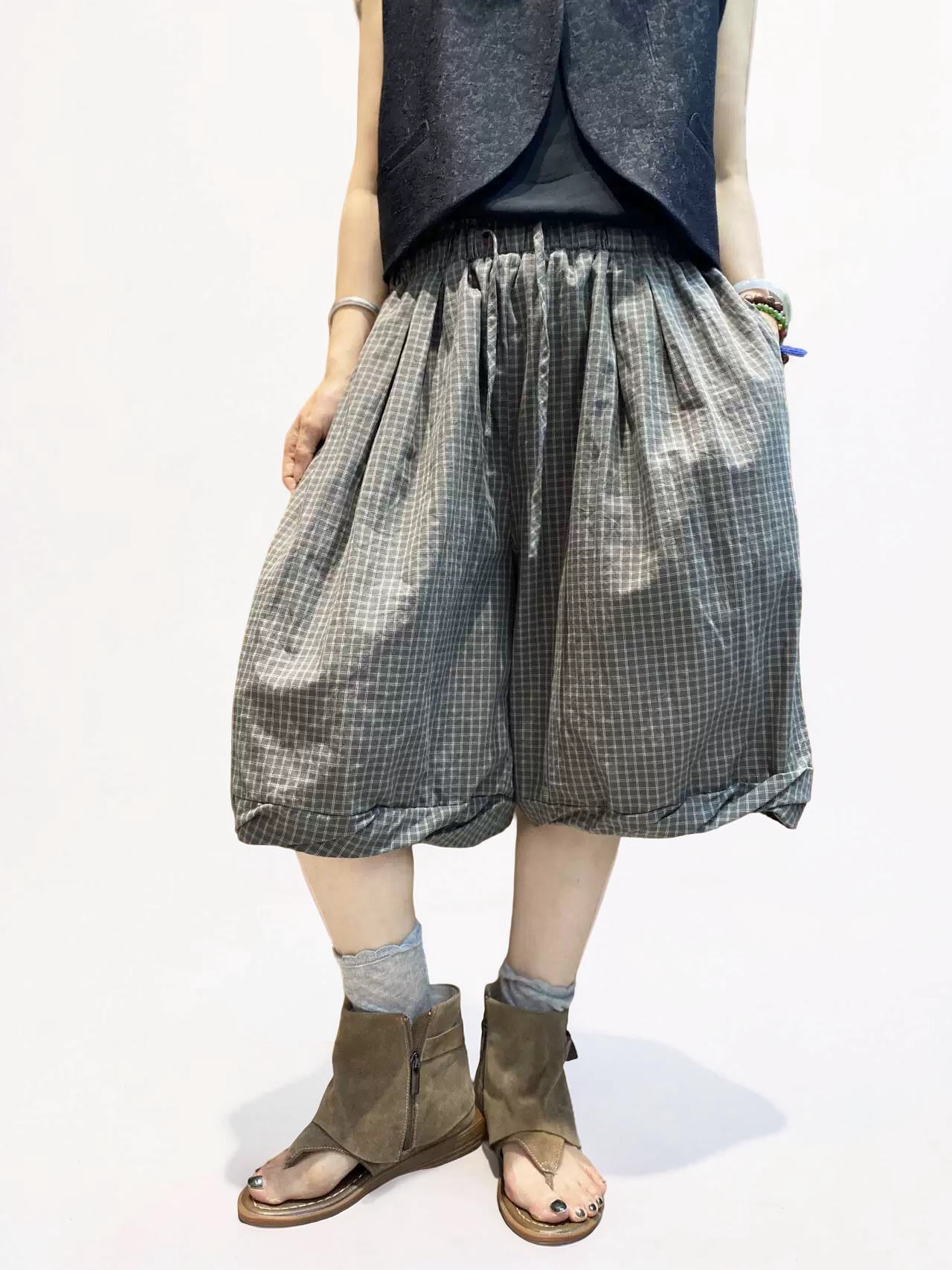 Unisex Balloon Shorts | Oversized Plaid Cotton Bubble Shorts | Elastic Waist Japanese Mori Style Summer Shorts with Pockets
