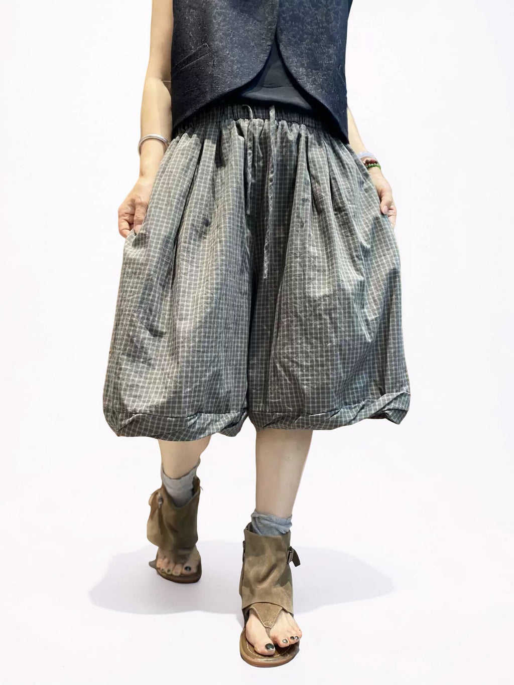 Unisex Balloon Shorts | Oversized Plaid Cotton Bubble Shorts | Elastic Waist Japanese Mori Style Summer Shorts with Pockets