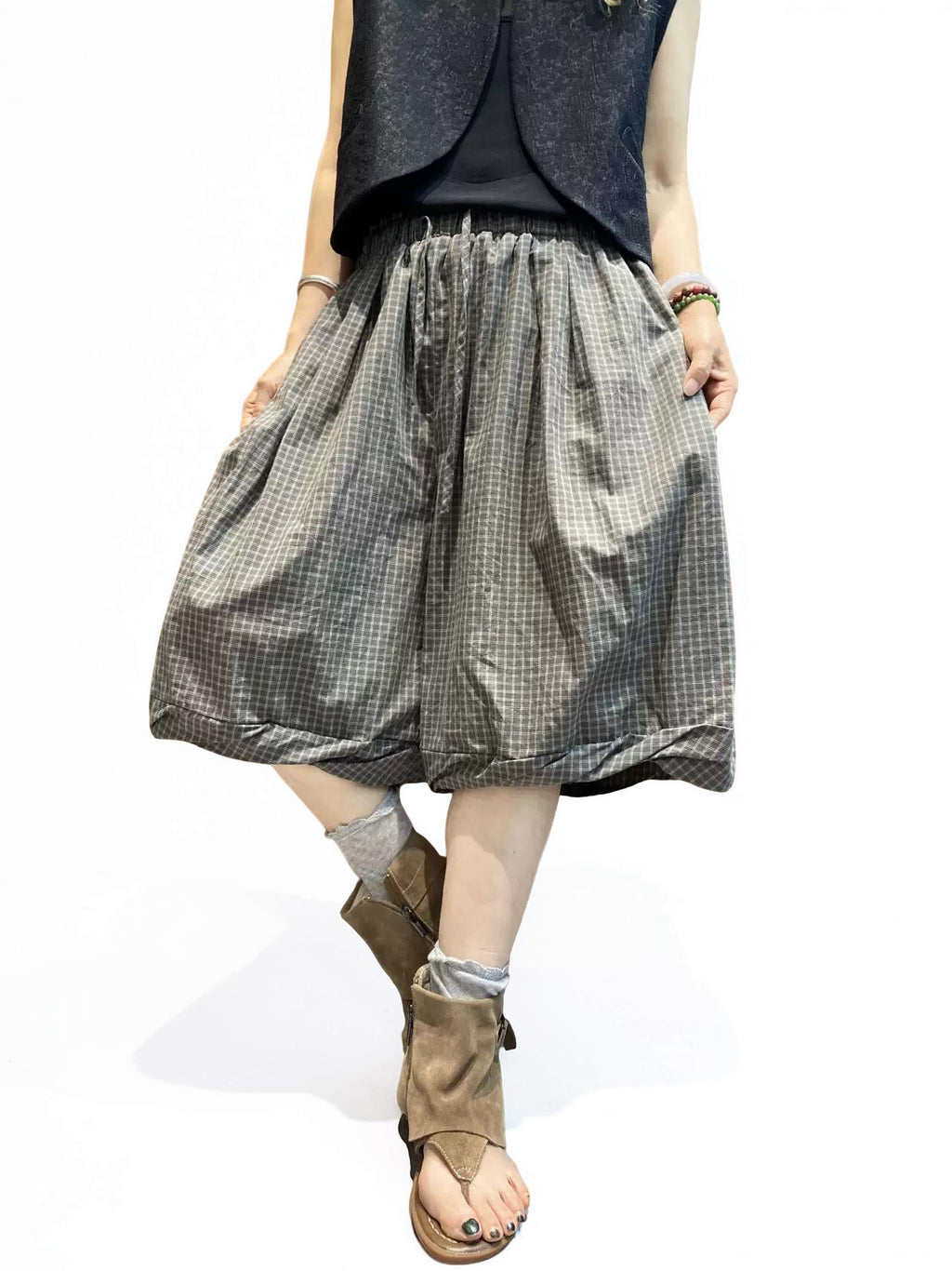 Unisex Balloon Shorts | Oversized Plaid Cotton Bubble Shorts | Elastic Waist Japanese Mori Style Summer Shorts with Pockets