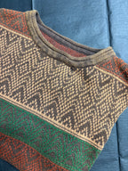 Vintage-Inspired Oversized Jacquard Sweater – Teal Geometric Knit Pullover