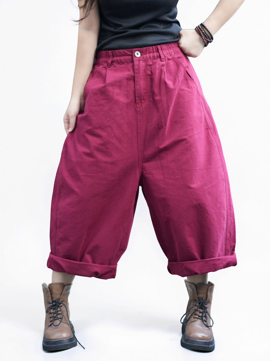 Vintage Cotton Harem Pants – Relaxed Cropped Pants with Elastic Waist