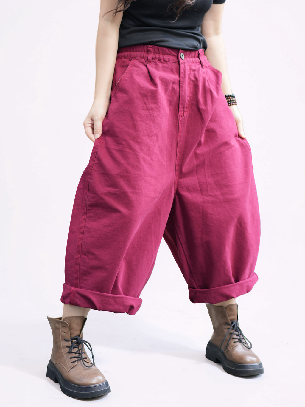 Vintage Cotton Harem Pants – Relaxed Cropped Pants with Elastic Waist
