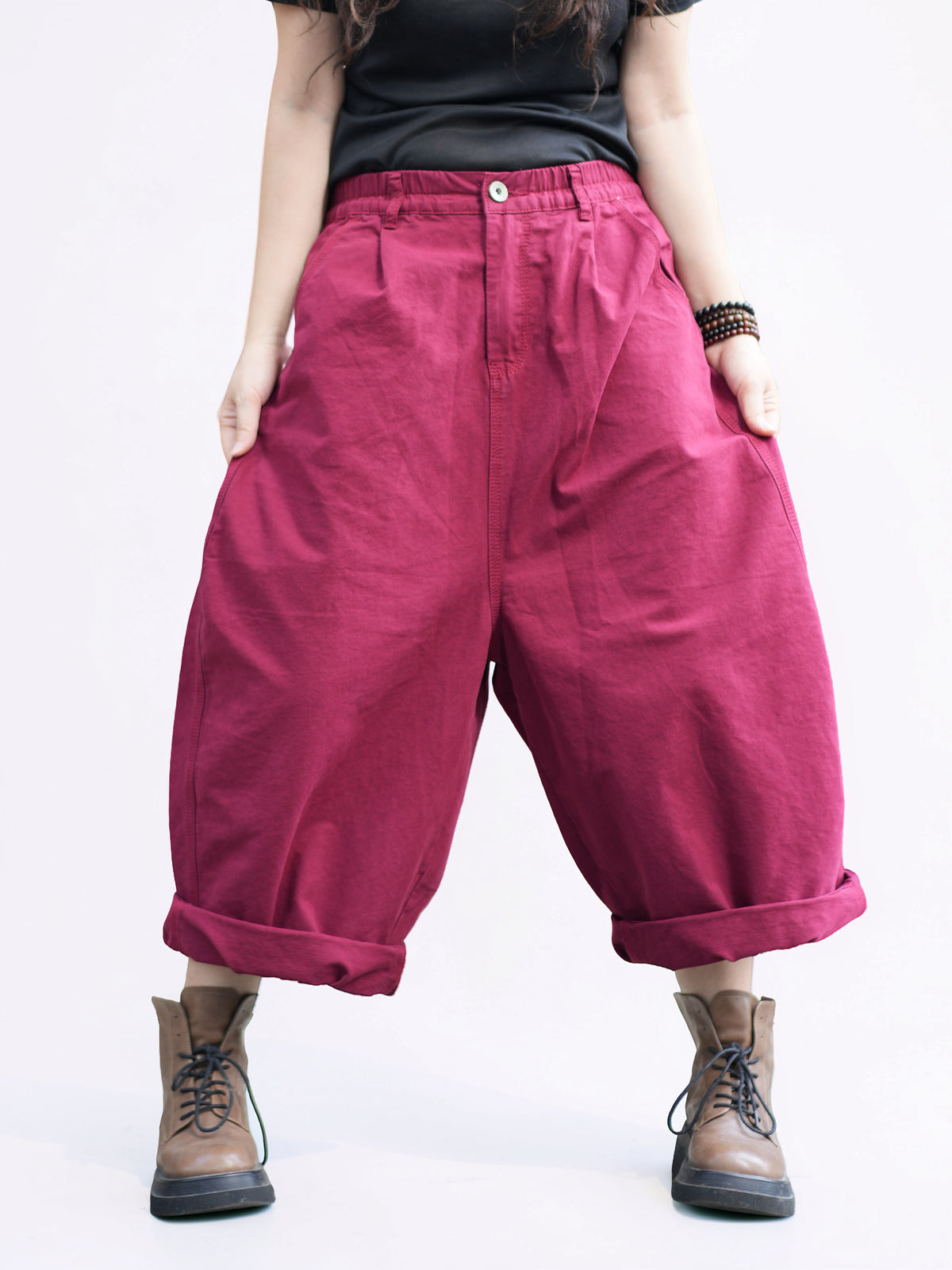 Vintage Cotton Harem Pants – Relaxed Cropped Pants with Elastic Waist