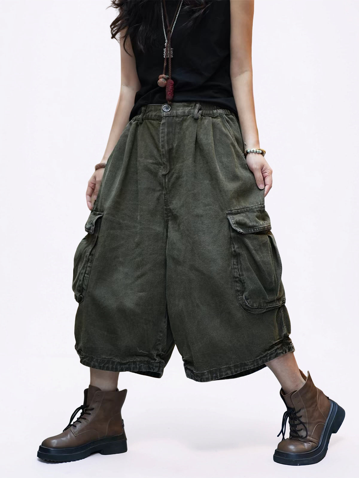 Vintage Washed Cropped Cargo Harem Pants