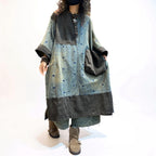 Front view of oversized patchwork denim dress