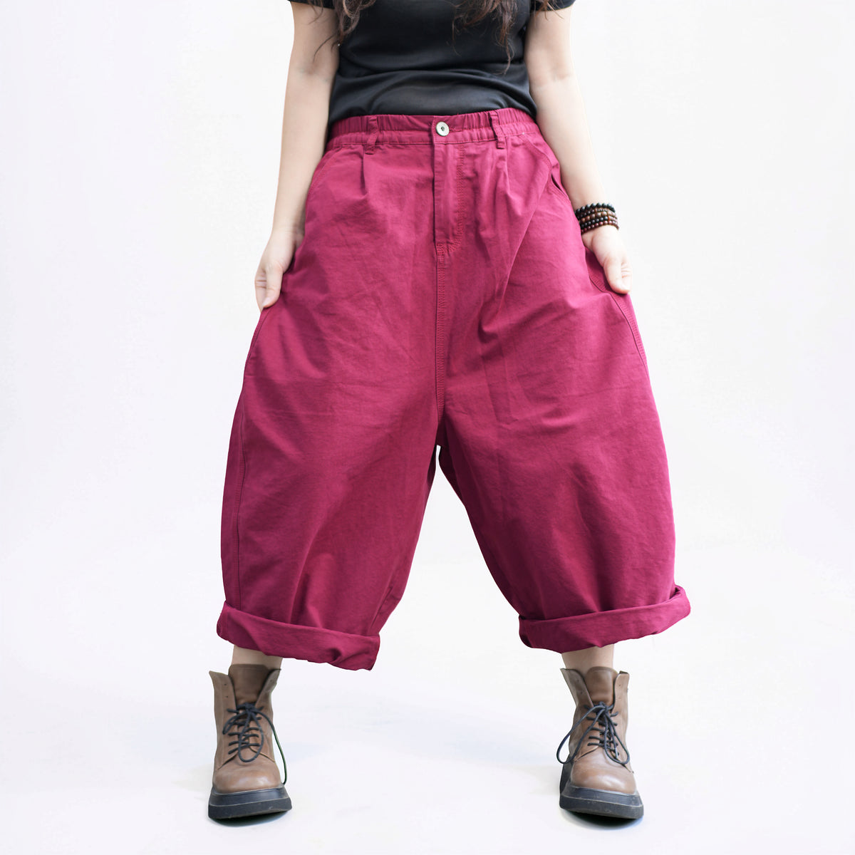Vintage Cotton Harem Pants – Relaxed Cropped Pants with Elastic Waist