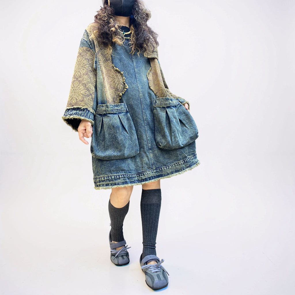 Vintage Washed Patchwork Denim Dress – Oversized Boho Tunic with Pockets