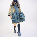 Vintage Washed Patchwork Denim Dress – Oversized Boho Tunic with Pockets