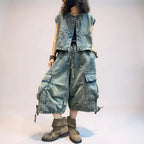 Vintage Washed Denim Vest & Balloon Cargo Pants Set