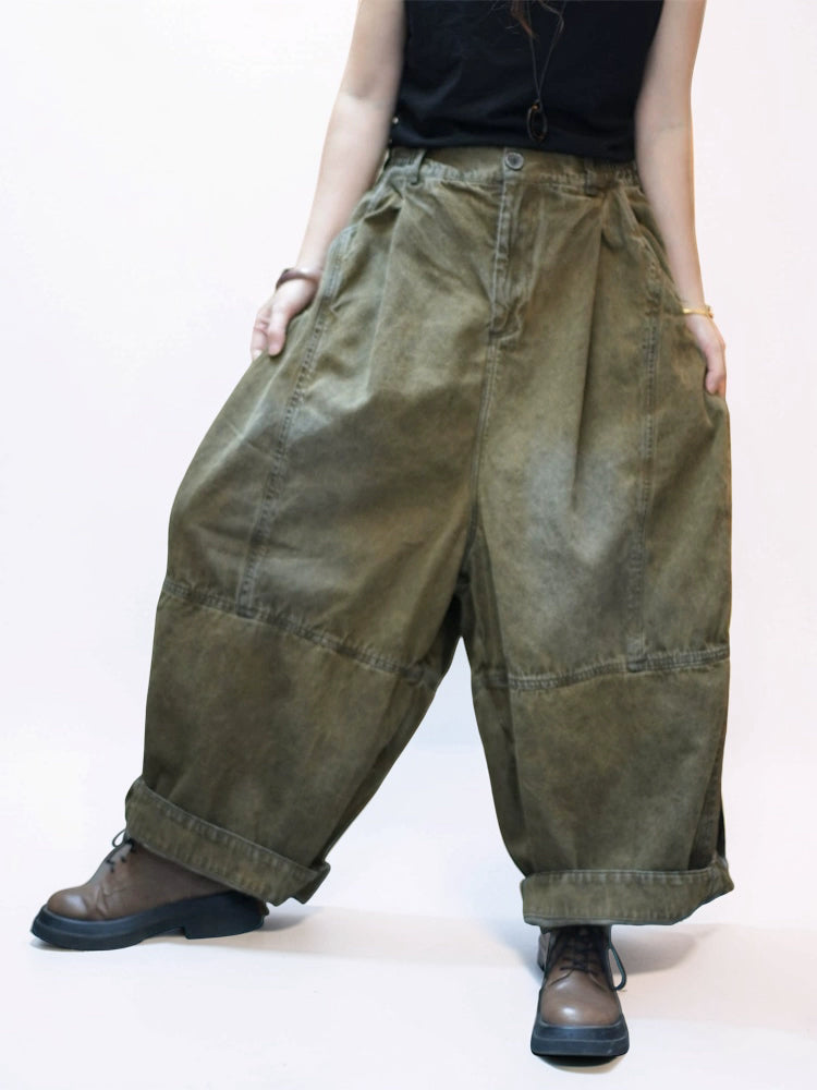 Vintage Washed Denim Balloon Pants – Oversized Wide Leg Harem Trousers