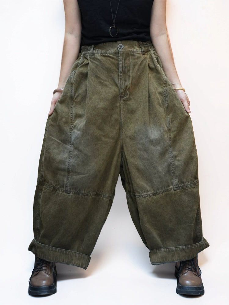 Vintage Washed Denim Balloon Pants – Oversized Wide Leg Harem Trousers