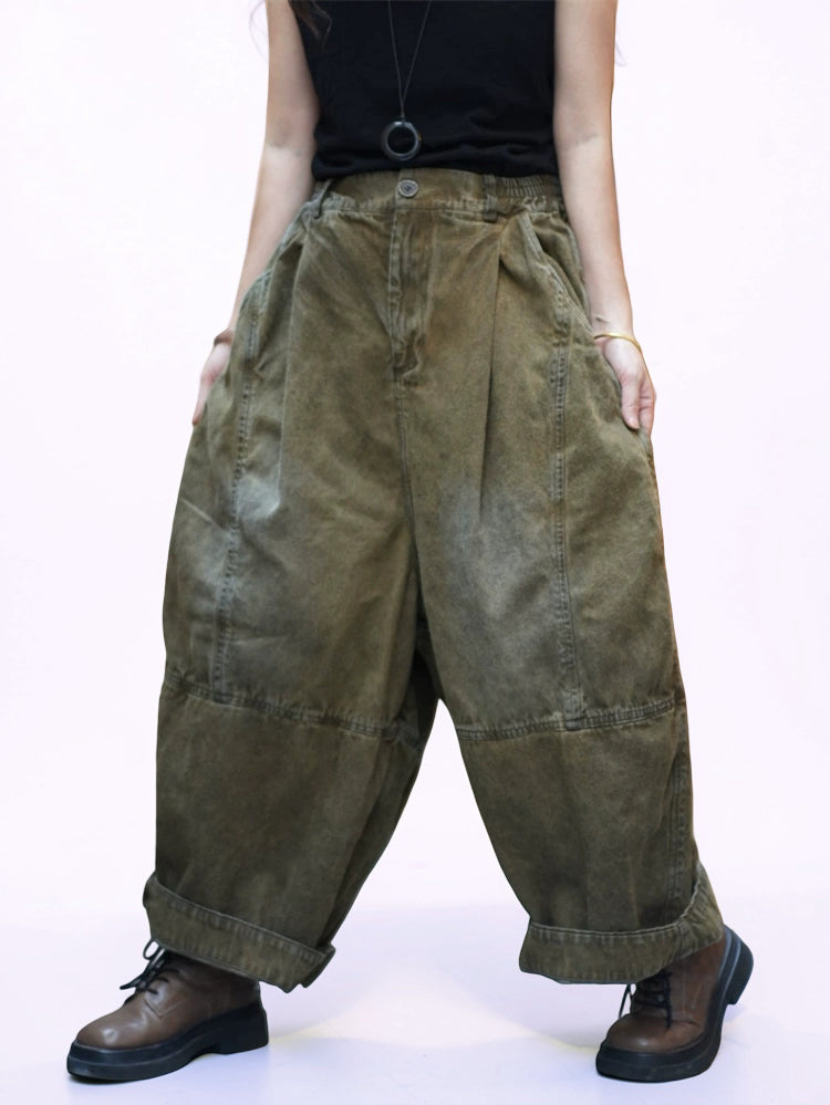 Vintage Washed Denim Balloon Pants – Oversized Wide Leg Harem Trousers