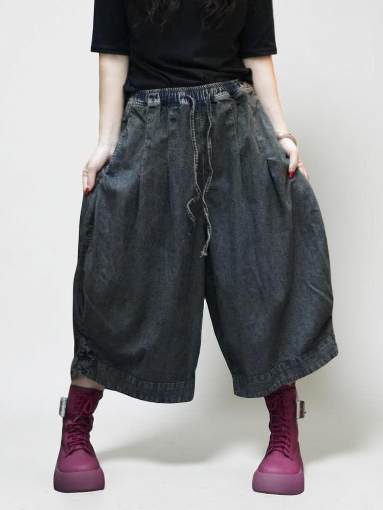 Smoky Black Patchwork Harem Pants | Vintage Washed Denim, Relaxed Wide Leg
