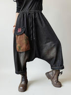 Baggy Harem Jeans: Drop Crotch Denim Pants with Patch Pocket
