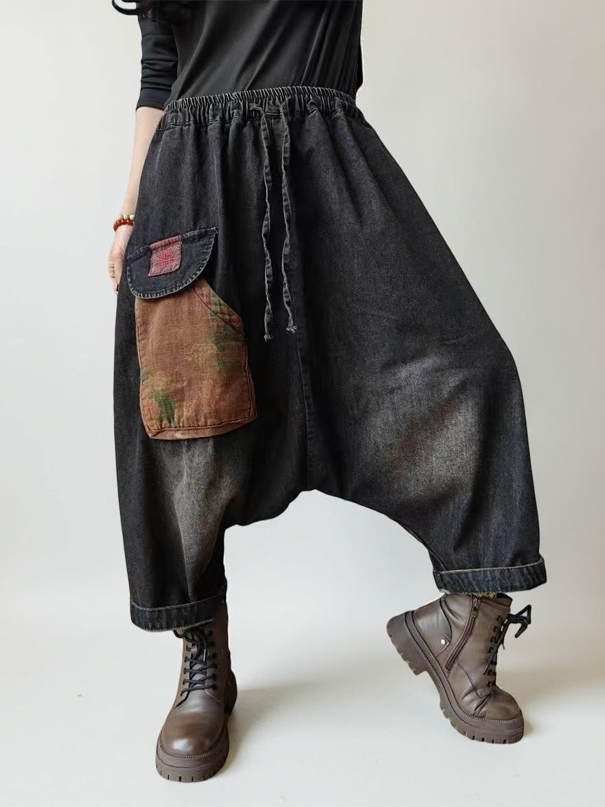 Baggy Harem Jeans: Drop Crotch Denim Pants with Patch Pocket