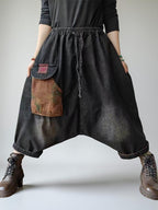 Baggy Harem Jeans: Drop Crotch Denim Pants with Patch Pocket