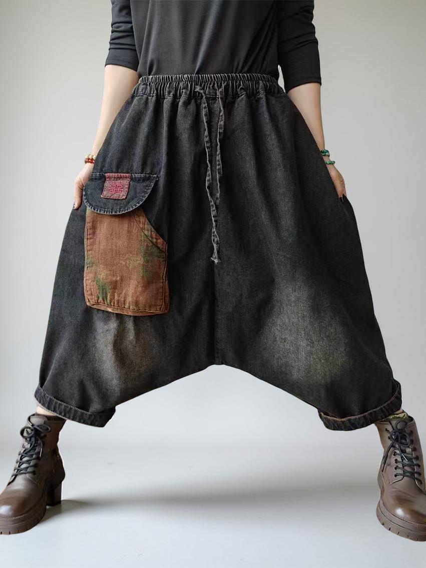 Baggy Harem Jeans: Drop Crotch Denim Pants with Patch Pocket
