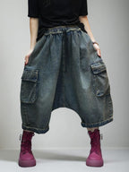 Vintage Washed Denim Cargo Harem Pants