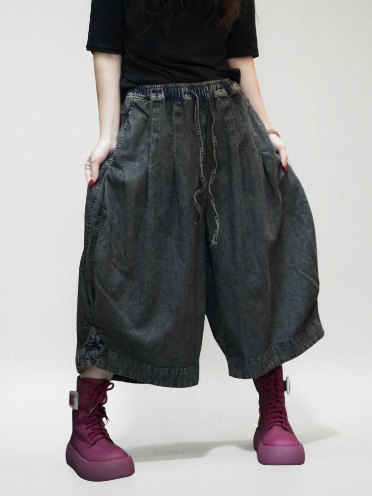 Smoky Black Patchwork Harem Pants | Vintage Washed Denim, Relaxed Wide Leg