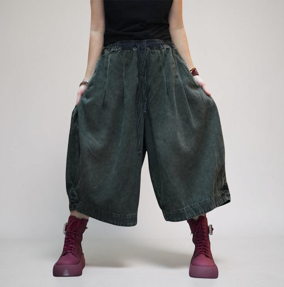 Patchwork Harem Pants: Washed Denim Look, Relaxed wide leg, Boho Style