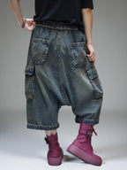 Vintage Washed Denim Cargo Harem Pants