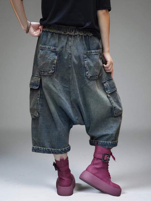 Vintage Washed Denim Cargo Harem Pants | Unisex Baggy Drop Crotch Jeans | Wide Leg Cropped Denim Trouser