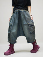 Vintage Washed Denim Cargo Harem Pants