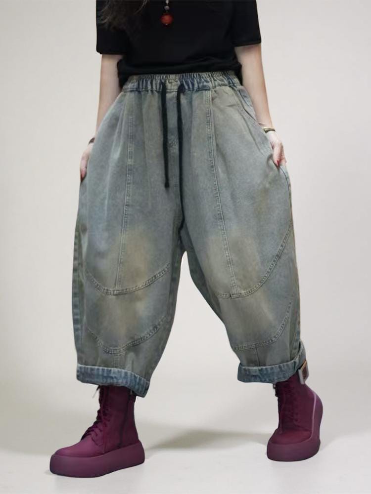 Patchwork Harem Pants: Washed Denim Look, Boho Drop Crotch Trousers
