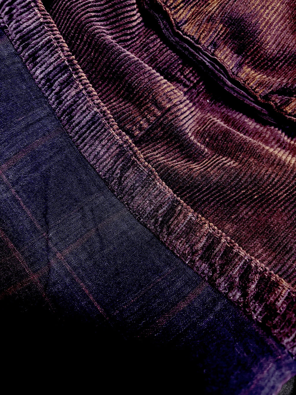 Close-up of heavyweight corduroy fabric with a soft cotton-linen lining.