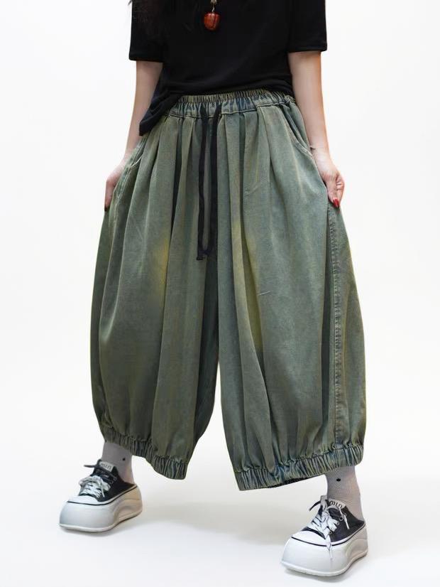 Elastic waist cotton denim harem pants