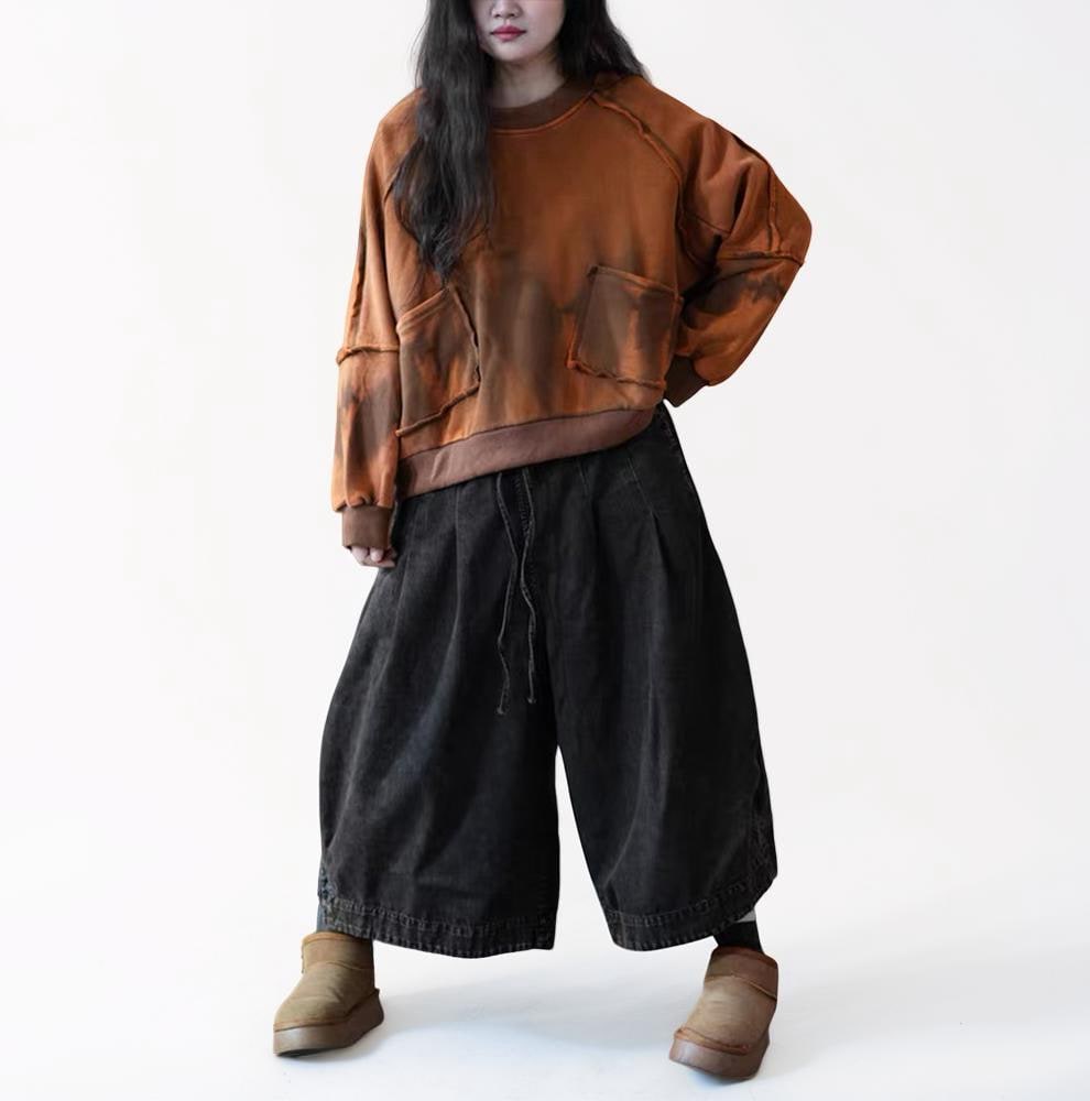 Vintage Hand-Dyed Sweatshirt, Midweight Fleece-Lined Oversized Cropped Pullover, Distressed Patchwork Top
