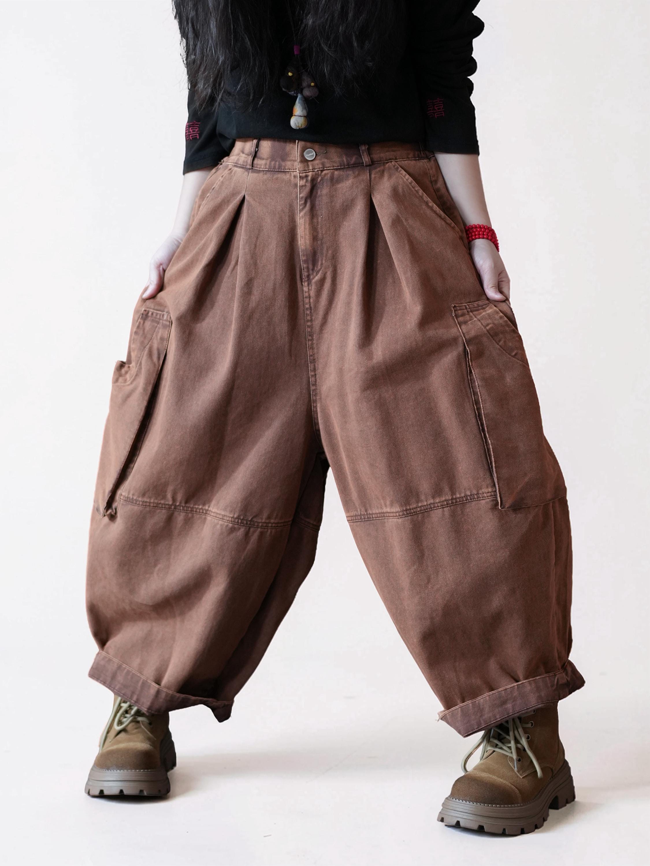 Front view of high-waisted rose brown vintage washed balloon pants.