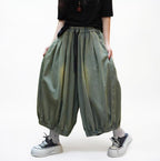Oversized washed denim lantern pants front view