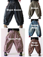 Vintage washed balloon pants available in dusty pink, black, Brown, faded denim blue and rose brown.