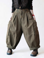 Brown (Olive green) vintage washed balloon cargo pants with an oversized workwear silhouette.