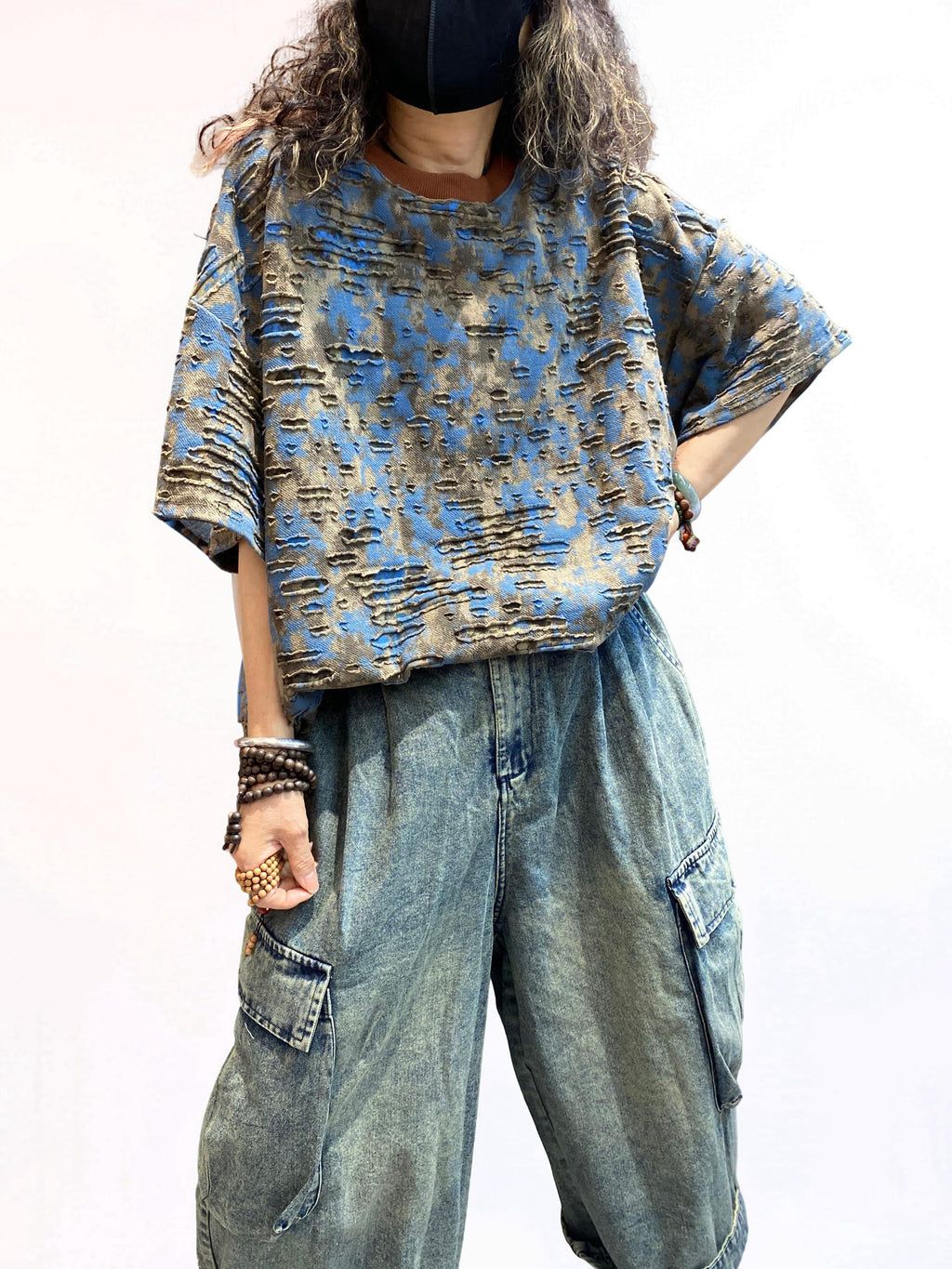 Distressed Double-Layer Cut Fabric Top, Oversized Artsy Avant-Garde Tee